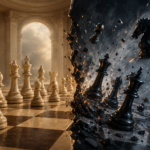 A cinematic chess scene divided into two parts: on the left, a calm classical positional game in a warmly lit hall with neatly arranged white pieces; on the right, a dynamic chaotic explosion of dark chess pieces with flying fragments and sparks, symbolizing the transition to an aggressive modern style of play.