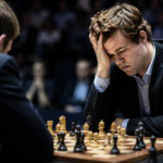 A dark atmospheric scene from a chess super tournament: a distressed grandmaster in a dark suit sits at a chessboard, holding his head after a lost game, with a blurred audience and bright stage lighting in the background.