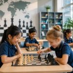Students of different nationalities playing chess in a modern international school classroom in Singapore, developing strategic thinking, concentration, and communication skills in a bright educational environment.
