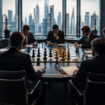 Grupo de hombres en trajes de negocios alrededor de una mesa con un tablero de ajedrez, discutiendo la composición de un torneo de élite en una oficina moderna con vista panorámica de la ciudad, simbolizando decisiones detrás de escena en el mundo del ajedrez.