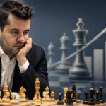 Ian Nepomniachtchi denkt konzentriert über eine Schachstellung am Brett nach. Im Hintergrund symbolisieren große Schachfiguren und ein Wachstumsgraf seine verbesserte Position in der FIDE-Weltrangliste. Atmosphäre von Konzentration, sportlichem Wettkampf und professionellem Erfolg.