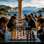 A chess tournament on an open terrace by the sea: players are focused on their games against the Sardinian coastline in soft sunset light.