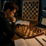 A chess player prepares for a championship at the board, analyzing a position under lamplight, with a laptop, books, and notes with variations nearby.