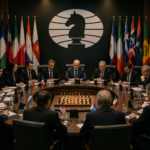Reunião oficial de uma federação de xadrez: representantes discutem regras antes das eleições em uma mesa redonda, com bandeiras e símbolos enxadrísticos ao fundo.