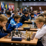 Jovens enxadristas jogam partidas em um torneio infantil internacional em um grande salão, concentrados em seus lances, com bandeiras e outros participantes ao fundo.