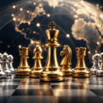 Close-up of a golden chess king in the center of the board, surrounded by other metallic pieces, with a blurred globe in the background connected by glowing lines symbolizing global chess strategy and competition.