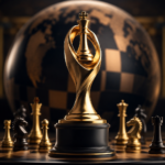 Escena cinematográfica de un trofeo dorado de ajedrez con forma de rey sobre un pedestal, colocado en un tablero de ajedrez con piezas negras y doradas, con un globo terráqueo suavemente desenfocado al fondo bajo una iluminación cálida y dramática.