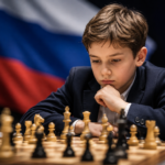 An 11-year-old chess prodigy carefully analyzes a position during an international tournament. The young player sits at the board in a tense competitive atmosphere, demonstrating remarkable concentration and strategic thinking.