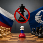 A symbolic scene of an international chess dispute: a chessboard with pieces in the foreground, an official meeting hall of an international sports organization in the background, documents and chess federation emblems, an atmosphere of serious discussion about sanctions and the future of Russian chess, realistic style, no text.