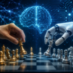 A human hand and a robotic hand make a move on a chessboard against the backdrop of a digital brain and neural network, symbolizing the connection between chess, artificial intelligence, and neurocomputer technologies.