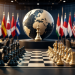 Illustration of an international chess olympiad: a chessboard with pieces in the foreground, a large globe and a king chess piece in the center of a modern conference hall, with flags of different countries in the background symbolizing the global chess community and competition for hosting rights.