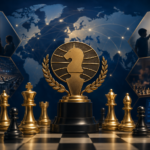 A golden trophy at the center of a composition on a chessboard, surrounded by chess pieces and scenes of chess development around the world, set against a dark blue world map with connecting lines symbolizing the international chess community and FIDE achievements.