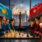 Professional chess players competing during the World Team Rapid Chess Championship in Hong Kong. Multiple teams are seated at tournament tables in a modern playing hall, intensely focused on their games. The atmosphere reflects a high-level international competition, with leading teams KazChess and Dragon Chilling battling for the top positions after the opening day.