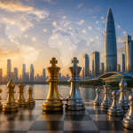 Golden and silver chess pieces on a chessboard against the modern skyline of Shenzhen and a glowing world map, symbolizing international cooperation, innovation, and the global development of chess under the leadership of FIDE.