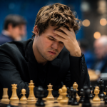A cinematic close-up of a young chess player sitting at a tournament table, leaning forward with a stressed expression and one hand on his forehead while studying a chessboard. The foreground shows blurred chess pieces in focus, and the background is a softly lit, out-of-focus tournament hall with other players.