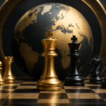 Gold and black chess pieces on a chessboard in front of a large globe. Kings are positioned at the center, symbolizing the struggle for the world chess crown, with an atmosphere emphasizing prestige and the international scale of the World Chess Championship.