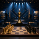 A cinematic indoor chess championship scene featuring a polished wooden chessboard in the foreground with white and black pieces facing each other, flanked by dark leather chairs. In the background, a large golden trophy is illuminated under focused blue stage lighting, with professional cameras and a grand arena setup creating a high-stakes tournament atmosphere.