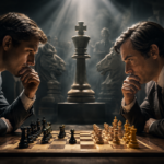 Dramatic chess match scene: two grandmasters in formal suits sit opposite each other at a chessboard, studying the position intensely. A strong contrast of light and shadow separates them, while a giant chess king stands in the background with observers in dim light, creating a tense championship atmosphere.