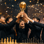 Players of the Chinese chess team Dragon Chilling lift the championship trophy after winning the World Blitz Club Championship in Hong Kong, surrounded by golden confetti and a festive atmosphere.