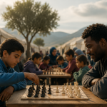 Un niño y un hombre adulto juegan al ajedrez concentrados en una mesa de madera en un campo de refugiados, con tiendas y otros participantes al fondo en un ambiente tranquilo de aprendizaje al aire libre.
