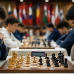 Юные шахматисты сосредоточенно играют партии на чемпионате мира по шахматам среди молодежи 2026 года. На переднем плане два участника внимательно изучают позицию за шахматной доской, а на заднем фоне видны ряды игроков и флаги разных стран, подчеркивающие международный статус турнира.