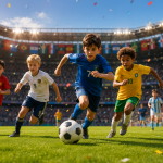 Young football players from different countries compete fiercely for possession of the ball during an international youth world championship match. The game takes place in a modern stadium filled with spectators, creating the atmosphere of a major global tournament.