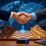 Dos jugadores de ajedrez se estrechan la mano sobre un tablero equipado con tecnología digital para el registro en línea de las partidas. Al fondo, una red global simboliza la colaboración entre la FIDE y World Chess en la creación de un nuevo sistema oficial de rating.