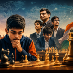 A young chess player deeply focused over a chessboard in a dramatic scene. In the background, a mentor and a group of young players symbolize India's chess school, along with the Indian flag and a large chess king piece emphasizing competition and the rise of a new generation.