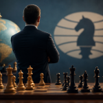 Illustration symbolizing the FIDE presidential election, featuring a chessboard in the foreground, a businessman viewed from behind, and a globe representing strategic leadership of world chess.