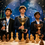 Young chess players stand on the awards podium holding trophies in front of the flags of various countries and a giant chessboard. The festive atmosphere of the World Youth Chess Championship is highlighted by bright lighting and colorful confetti.