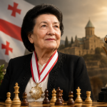 La legendaria ajedrecista georgiana Nona Gaprindashvili sostiene la más alta condecoración deportiva nacional de Georgia. Al fondo se observan un tablero de ajedrez, un trofeo y símbolos nacionales georgianos.