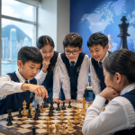 Students at St. Joseph's Anglo-Chinese Primary School in Hong Kong play chess in a modern classroom, developing strategic thinking and preparing for international-level competitions.