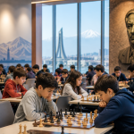 Young chess players compete at the 5th Tigran Petrosian Chess School International Youth Chess Festival in Yerevan, playing intense games in a spacious tournament hall with an international atmosphere.