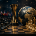 Гіперреалістична кінематографічна сцена чемпіонату світу зі шахів із драматичною шахівницею на передньому плані, протиставленими фігурами, золотим трофеєм та деталізованою кулею Землі як символом глобального змагання під теплим світлом прожекторів.
