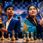Two young chess players sit at a chessboard in the final of a tournament, with a championship trophy in the center, and spectators in the background with flags of India and Kazakhstan in a blurred international arena.