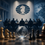 Digital composition depicting a FIDE Council meeting in a formal conference room with the FIDE logo and a global map in the background. In the foreground, chess pieces, a globe, and a judge’s gavel symbolize the intersection of chess, international law, and CAS sports arbitration.