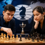 Two professional chess players sit across from each other at a tournament table, focused on a critical position on a wooden chessboard. One player makes a move while the opponent studies the position thoughtfully. The background features a blurred world map and a chess-themed emblem, emphasizing the intensity and prestige of the competition.