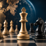 Eine fotorealistische Schachkomposition mit einem weißen König im Mittelpunkt eines Schachbretts, umgeben von schwarzen und weißen Figuren. Im unscharfen Hintergrund ist ein Globus zu sehen, der die internationale Schachszene und die FIDE-Weltrangliste symbolisiert.