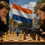 Two chess players competing at a tournament board against the backdrop of the Dutch flag and a city skyline, symbolizing the 2026 Dutch Chess Championship and the race for the national men's and women's titles.