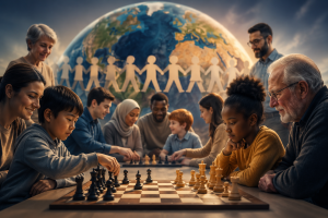 A chess game bringing together people of different ages and nationalities, symbolizing the social value of chess, education, and international cooperation.