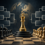 A golden king standing on a podium at the center of a chessboard, surrounded by black and white chess pieces, with a symbolic tournament bracket and globe in the background, representing FIDE’s updated qualification system for the Candidates Tournament and the World Chess Championship.