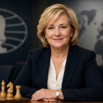 Professional portrait of a woman against a background featuring chess symbols and a world map. A chessboard and wooden chess pieces are displayed in the foreground, representing leadership, the advancement of women's chess, and the work of the FIDE Women's Commission.