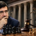Vladimir Kramnik with symbols of justice and a chessboard, illustrating his CAS appeal against FIDE's suspension decision.