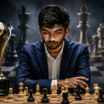 Dommaraju Gukesh sitting at a chessboard with the World Chess Championship trophy during a discussion about whether he is the weakest world chess champion in history