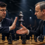 Vladimir Kramnik and Arkady Dvorkovich sitting across a chessboard during a tense moment symbolizing their public conflict and Kramnik's refusal to shake hands.