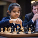 Junges Schachtalent führt den entscheidenden Zug gegen einen erfahrenen Großmeister bei einem internationalen Turnier aus und symbolisiert den jüngsten Sieg gegen einen Spieler mit über 2600 Elo.