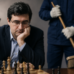 A thoughtful chess grandmaster sits at a chessboard, while a blurred figure holding a broom appears in the background, symbolizing disciplinary sanctions and community service imposed by a chess governing body.