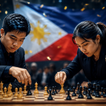 Jan Emmanuel Garcia and Mhage Gerriahlu Sebastian competing in the decisive games of the 2026 Philippine Chess Championships, with the Philippine flag and championship trophies in the background.