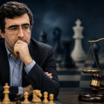 A dramatic illustration symbolizing the FIDE Ethics Commission's decision in the Vladimir Kramnik case, featuring a chessboard, chess pieces, a judge's gavel, and the scales of justice to represent disciplinary proceedings.