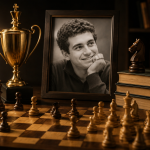 Symbolic illustration of the FIDE Daniel Naroditsky Award featuring a chessboard, trophy, books, and a portrait of the grandmaster, highlighting his contributions to chess education, high-quality content creation, and the global promotion of the game.